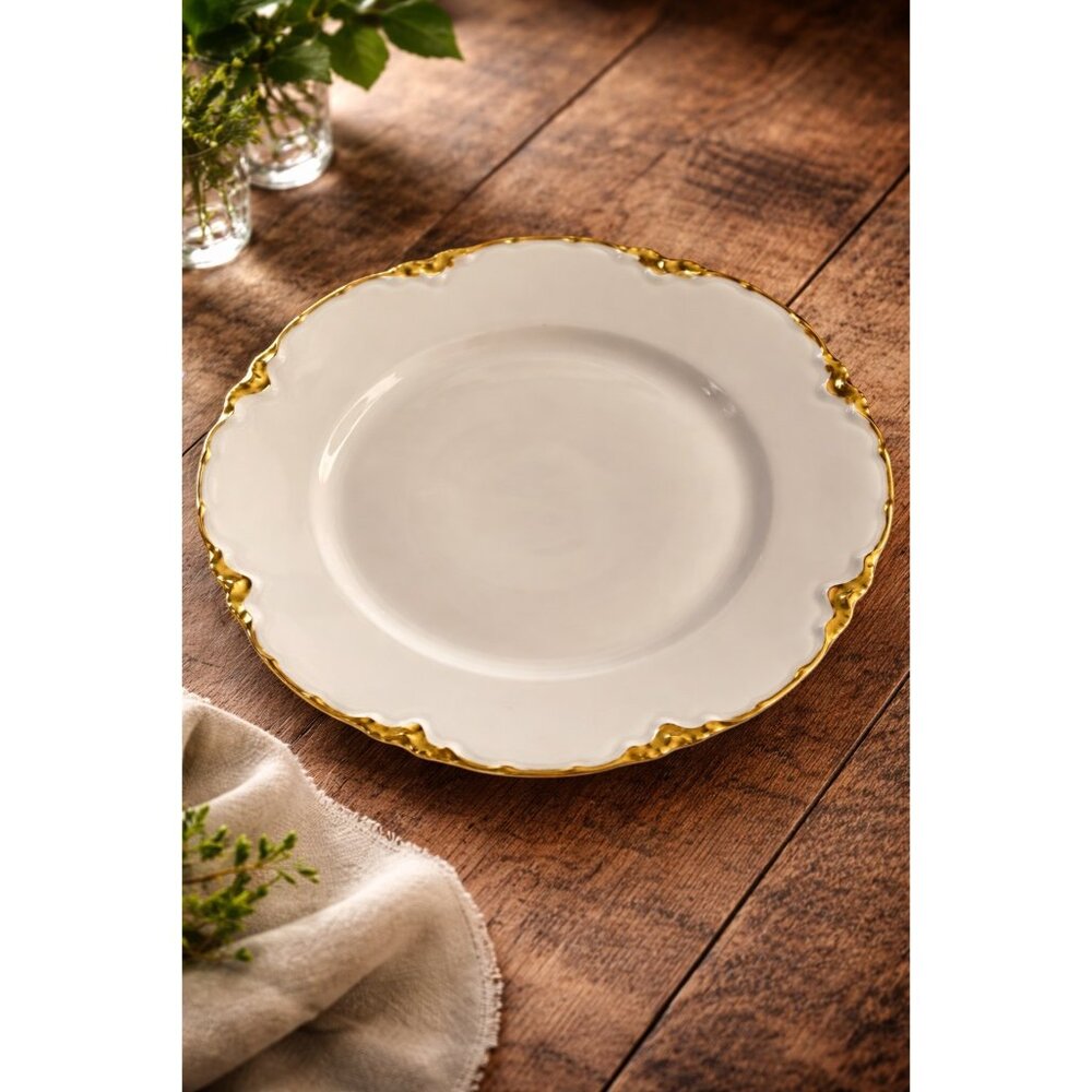 VTG Racine Bavaria Germany 10” White Porcelain Plate With Gold Trim Scalloped